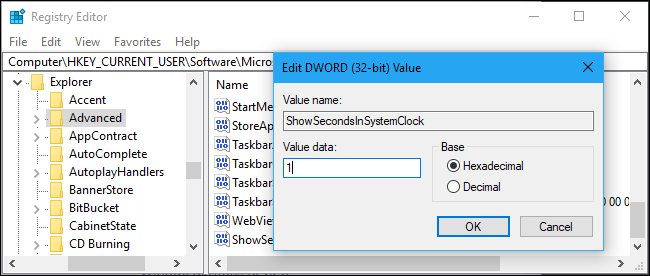 HKEY_CURRENT_USER\Software\Microsoft\Windows\CurrentVersion\Explorer\Advanced\ShowSecondsInSystemClock